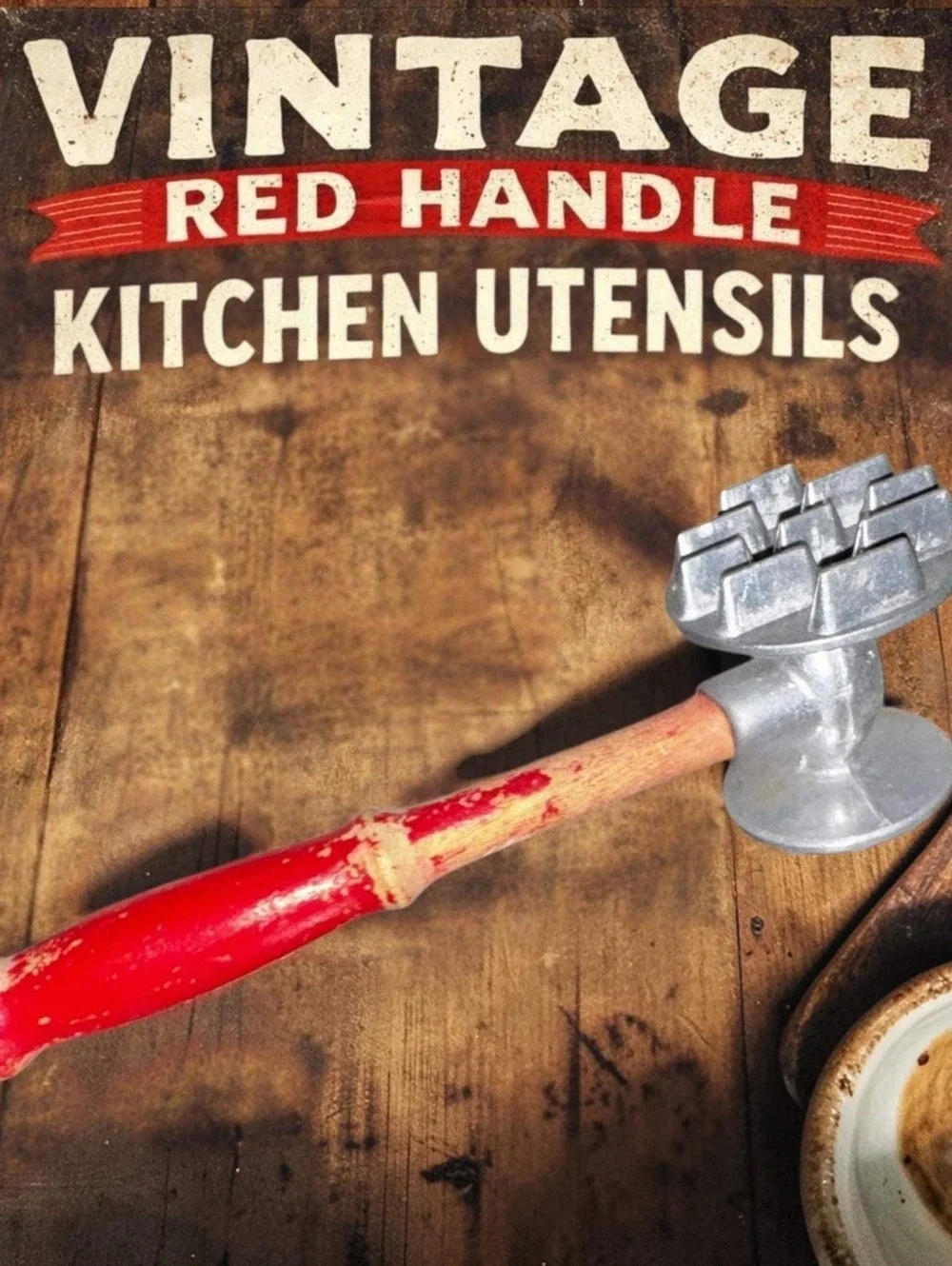 Aluminum Mallet retro utensil, red handle, midcentury style decor